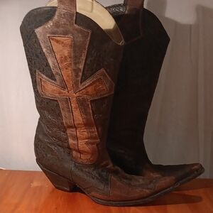 Stetson Dark Brown Western Boots with Tan Cross Size 9.5